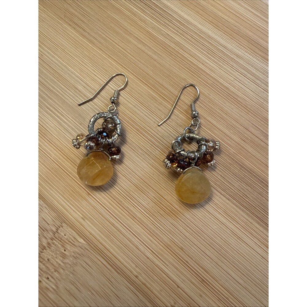 AMBER COLORED BROWN CIRCLE DROP EARRINGS BEADED STONES UNBRANDED